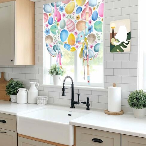 Easter Tie Up Curtains for Window, Spring Country Colorful Eggs Flower Leaf Plant Thermal Insulated Balloon Shade Adjustable Rod Pocket Curtains Valance Panels for Kitchen Bathroom Café 42'' x 45'' in Saudi Arabia