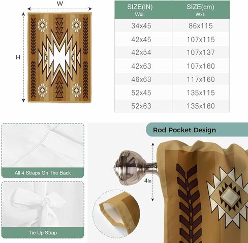 Brown Southwest Tie Up Curtains for Window, Western Rustic Ethnic Mexican Aztec Thermal Insulated Balloon Shade Adjustable Rod Pocket Curtains Valance Panels for Kitchen Bathroom Café 46'' x 63'' in Saudi Arabia