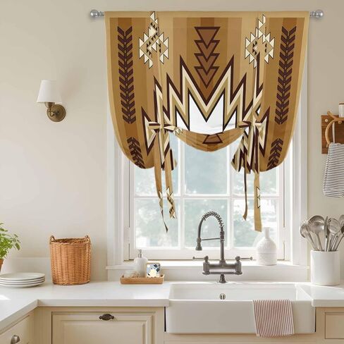 Brown Southwest Tie Up Curtains for Window, Western Rustic Ethnic Mexican Aztec Thermal Insulated Balloon Shade Adjustable Rod Pocket Curtains Valance Panels for Kitchen Bathroom Café 46'' x 63'' in Saudi Arabia