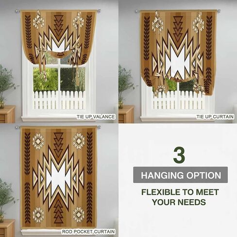Brown Southwest Tie Up Curtains for Window, Western Rustic Ethnic Mexican Aztec Thermal Insulated Balloon Shade Adjustable Rod Pocket Curtains Valance Panels for Kitchen Bathroom Café 46'' x 63'' in Saudi Arabia