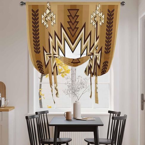 Brown Southwest Tie Up Curtains for Window, Western Rustic Ethnic Mexican Aztec Thermal Insulated Balloon Shade Adjustable Rod Pocket Curtains Valance Panels for Kitchen Bathroom Café 46'' x 63'' in Saudi Arabia