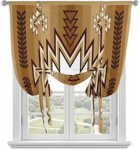 Brown Southwest Tie Up Curtains for Window, Western Rustic Ethnic Mexican Aztec Thermal Insulated Balloon Shade Adjustable Rod Pocket Curtains Valance Panels for Kitchen Bathroom Café 46'' x 63'' in Saudi Arabia