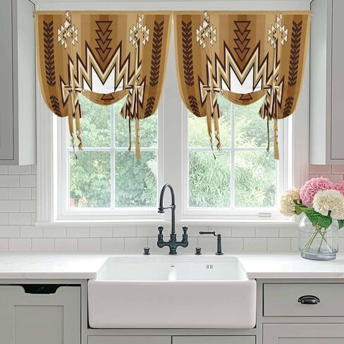 Brown Southwest Tie Up Curtains for Window, Western Rustic Ethnic Mexican Aztec Thermal Insulated Balloon Shade Adjustable Rod Pocket Curtains Valance Panels for Kitchen Bathroom Café 46'' x 63'' in Saudi Arabia
