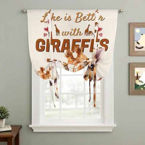 Giraffe Tie Up Curtains for Window, Red Love Heart Rustic Animals Thermal Insulated Balloon Shade Adjustable Rod Pocket Curtains Valance Panels for Kitchen Bathroom Café 42'' x 54'' in Saudi Arabia