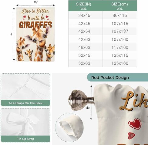 Giraffe Tie Up Curtains for Window, Red Love Heart Rustic Animals Thermal Insulated Balloon Shade Adjustable Rod Pocket Curtains Valance Panels for Kitchen Bathroom Café 42'' x 54'' in Saudi Arabia