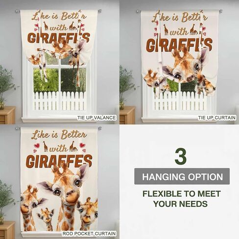 Giraffe Tie Up Curtains for Window, Red Love Heart Rustic Animals Thermal Insulated Balloon Shade Adjustable Rod Pocket Curtains Valance Panels for Kitchen Bathroom Café 42'' x 54'' in Saudi Arabia