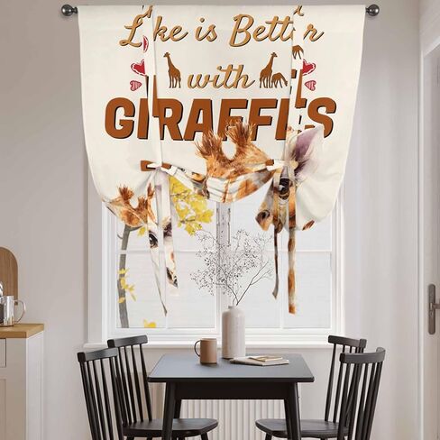 Giraffe Tie Up Curtains for Window, Red Love Heart Rustic Animals Thermal Insulated Balloon Shade Adjustable Rod Pocket Curtains Valance Panels for Kitchen Bathroom Café 42'' x 54'' in Saudi Arabia