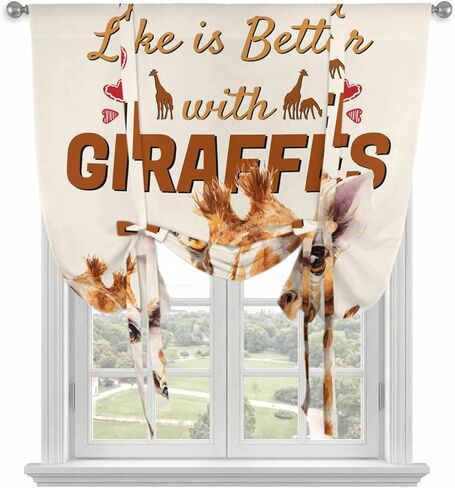 Giraffe Tie Up Curtains for Window, Red Love Heart Rustic Animals Thermal Insulated Balloon Shade Adjustable Rod Pocket Curtains Valance Panels for Kitchen Bathroom Café 42'' x 54'' in Saudi Arabia