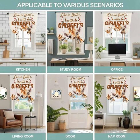 Giraffe Tie Up Curtains for Window, Red Love Heart Rustic Animals Thermal Insulated Balloon Shade Adjustable Rod Pocket Curtains Valance Panels for Kitchen Bathroom Café 42'' x 54'' in Saudi Arabia