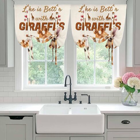 Giraffe Tie Up Curtains for Window, Red Love Heart Rustic Animals Thermal Insulated Balloon Shade Adjustable Rod Pocket Curtains Valance Panels for Kitchen Bathroom Café 42'' x 54'' in Saudi Arabia