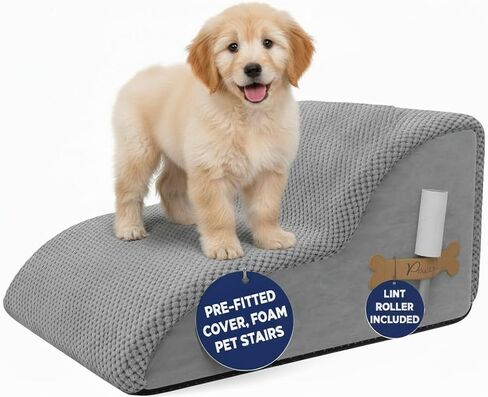 سلالم الحيوانات الأليفة الإسفنجية للسرير أو الأريكة أو النافذة - غطاء مثبت مسبقًا - خطوات واسعة للكلاب للسرير، مقاومة للماء، قاعدة غير قابلة للانزلاق - سلالم للكلاب الصغيرة والجراء والقطط - سلالم وخطوات للكلاب (رمادي) in Kuwait