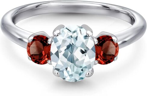 Gem Stone King 1.94 Ct Oval Sky Blue Aquamarine Red Garnet 925 Sterling Silver Ring in Saudi Arabia