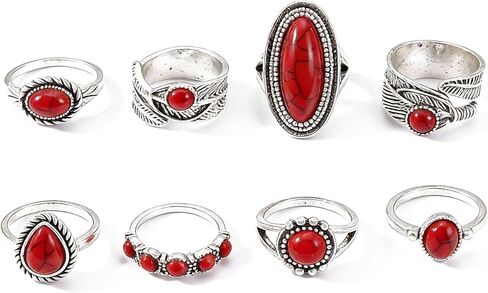 مجموعة خواتم غربية حمراء للنساء، خواتم مفصلية فضية عتيقة قابلة للتكديس، أساور أصابع من الحجر الأحمر على الطراز الجنوبي الغربي من بوهو، هدايا إكسسوارات المجوهرات التنكرية in Kuwait
