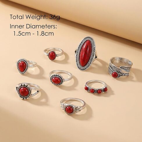 مجموعة خواتم غربية حمراء للنساء، خواتم مفصلية فضية عتيقة قابلة للتكديس، أساور أصابع من الحجر الأحمر على الطراز الجنوبي الغربي من بوهو، هدايا إكسسوارات المجوهرات التنكرية in Kuwait