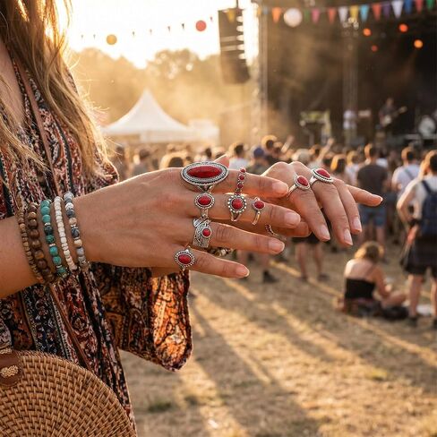 مجموعة خواتم غربية حمراء للنساء، خواتم مفصلية فضية عتيقة قابلة للتكديس، أساور أصابع من الحجر الأحمر على الطراز الجنوبي الغربي من بوهو، هدايا إكسسوارات المجوهرات التنكرية in Kuwait