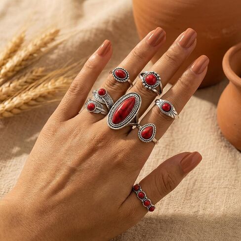 مجموعة خواتم غربية حمراء للنساء، خواتم مفصلية فضية عتيقة قابلة للتكديس، أساور أصابع من الحجر الأحمر على الطراز الجنوبي الغربي من بوهو، هدايا إكسسوارات المجوهرات التنكرية in Kuwait