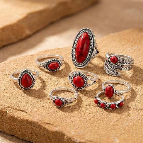 مجموعة خواتم غربية حمراء للنساء، خواتم مفصلية فضية عتيقة قابلة للتكديس، أساور أصابع من الحجر الأحمر على الطراز الجنوبي الغربي من بوهو، هدايا إكسسوارات المجوهرات التنكرية in Kuwait
