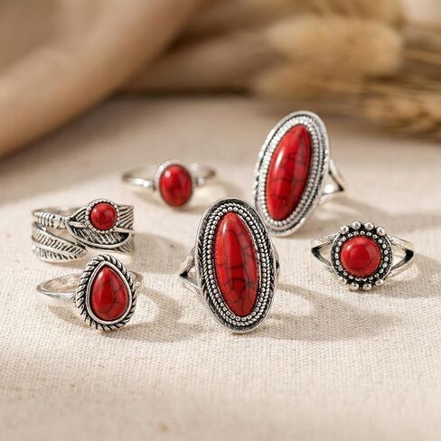 مجموعة خواتم غربية حمراء للنساء، خواتم مفصلية فضية عتيقة قابلة للتكديس، أساور أصابع من الحجر الأحمر على الطراز الجنوبي الغربي من بوهو، هدايا إكسسوارات المجوهرات التنكرية in Kuwait