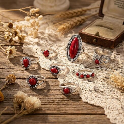 مجموعة خواتم غربية حمراء للنساء، خواتم مفصلية فضية عتيقة قابلة للتكديس، أساور أصابع من الحجر الأحمر على الطراز الجنوبي الغربي من بوهو، هدايا إكسسوارات المجوهرات التنكرية in Kuwait