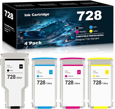 مجموعة استبدال خزان الحبر 728 XL 728XL عالية الإنتاجية لخراطيش حبر HP 728 لطابعة DesignJet T730 T830 MFP كبيرة الحجم F9J68A F9K17A F9K16A F9K15A (4 حزم، BK، C، M، Y) in Saudi Arabia