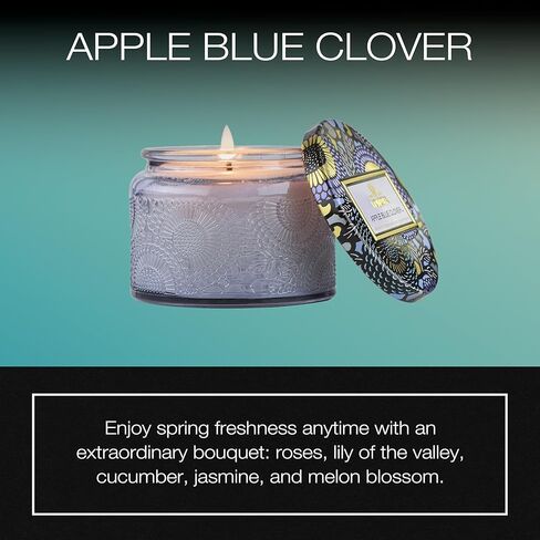 Voluspa Apple Blue Clover, Petite Candle Jar, 3.2 oz, 25 Hour Burn Time, Coconut Wax for Clean Burning, Handcrafted in The USA in Saudi Arabia