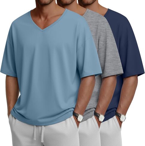 3 Pack Men's T-Shirts Baggy Short Sleeve Shirts Oversized V Neck Summer Basic Tees Loose Fit Casual Workout Tops in Kuwait