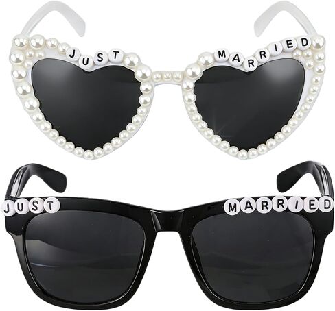 نظارات شمسية Just Married، نظارات شمسية للعروس والعريس لديكورات حفلات الزفاف، باللونين الأبيض والأسود in Kuwait