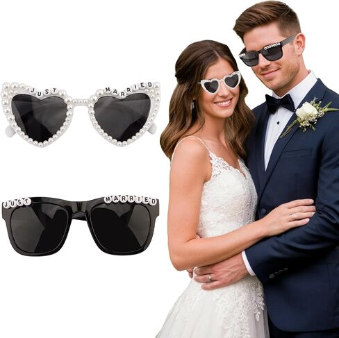 نظارات شمسية Just Married، نظارات شمسية للعروس والعريس لديكورات حفلات الزفاف، باللونين الأبيض والأسود in Kuwait