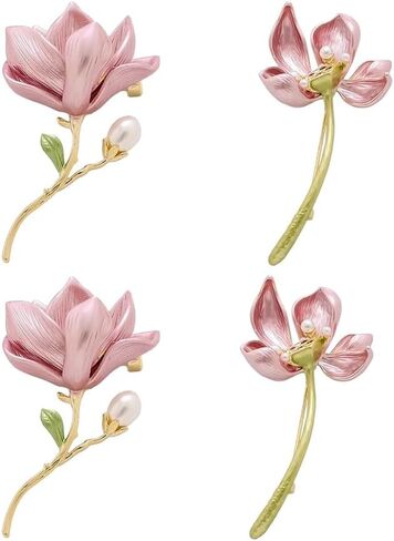 4PCS Elegant Magnolia Flower Brooch, Metal Alloy Floral Pins with Pearl Embellishment in Saudi Arabia