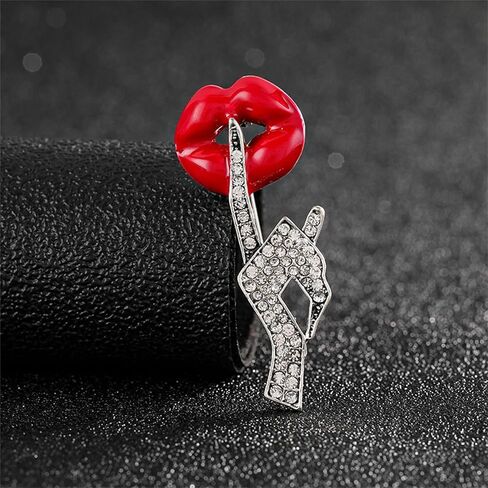 Sexy Red Lips Brooch for Women Men Rhinestone Quiet Gestures Statement Brooches Lapel Pins Fashion Elegant Clothing Hat Bag Accessories Jewelry Lover Gift for Women in Saudi Arabia