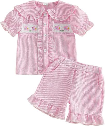 Babieshouse Toddler Baby Girl Boy Easter Pajamas Set Bunny Print Short Sleeve Button Down Shirt Top Shorts Pjs Set Sleepwear in Saudi Arabia