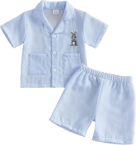Babieshouse Toddler Baby Girl Boy Easter Pajamas Set Bunny Print Short Sleeve Button Down Shirt Top Shorts Pjs Set Sleepwear in Saudi Arabia