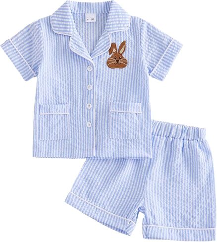 Babieshouse Toddler Baby Girl Boy Easter Pajamas Set Bunny Print Short Sleeve Button Down Shirt Top Shorts Pjs Set Sleepwear in Saudi Arabia