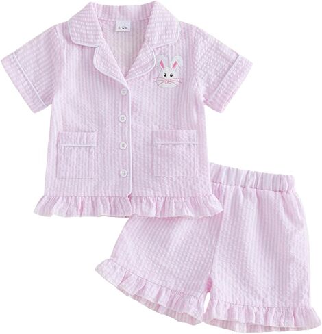 Babieshouse Toddler Baby Girl Boy Easter Pajamas Set Bunny Print Short Sleeve Button Down Shirt Top Shorts Pjs Set Sleepwear in Saudi Arabia