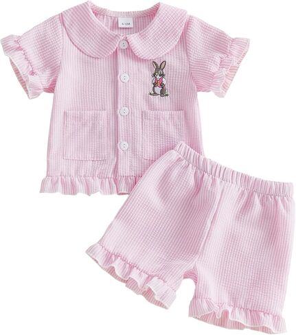Babieshouse Toddler Baby Girl Boy Easter Pajamas Set Bunny Print Short Sleeve Button Down Shirt Top Shorts Pjs Set Sleepwear in Saudi Arabia