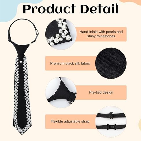 logohu Faux Pearl Tie, Black Adjustable Silk Necktie for Women, Pre-tied Neck Bow Ties with Rhinestones Embellishment for Men Women Formal Wear in Kuwait