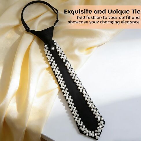 logohu Faux Pearl Tie, Black Adjustable Silk Necktie for Women, Pre-tied Neck Bow Ties with Rhinestones Embellishment for Men Women Formal Wear in Kuwait