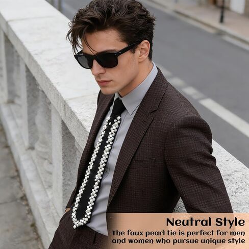 logohu Faux Pearl Tie, Black Adjustable Silk Necktie for Women, Pre-tied Neck Bow Ties with Rhinestones Embellishment for Men Women Formal Wear in Kuwait