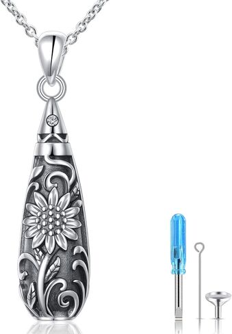 Flower Urn Necklace for Ashes 925 Sterling Silver Cylinder Bar Teardrop Shaped Tree of Life Necklaces Cremation Jewelry Ashes Pendant Loved One Keepsake Memorial Jewelry for Women in Saudi Arabia