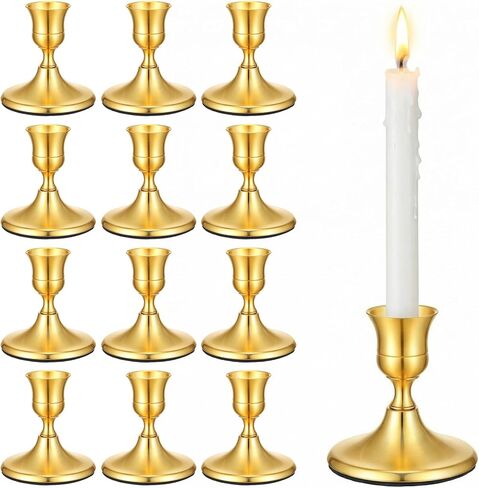 12 Pcs Gold Brass Taper Candle Holders Vintage Metal Candlestick Holders Set for Wedding Table Centerpiece, Christmas Mantel, and Home Decor in Kuwait