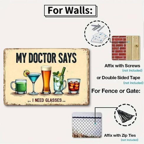 My Doctor Says I Need Glasses A Humorous Vintage Poster Featuring Assorted Drinks Rustic Aluminum Wall Art & Metal Tin Sign - 8x12in Vintage Indoor Outdoor Decor for Home, Office, Cafe, Yard & Farm in Saudi Arabia