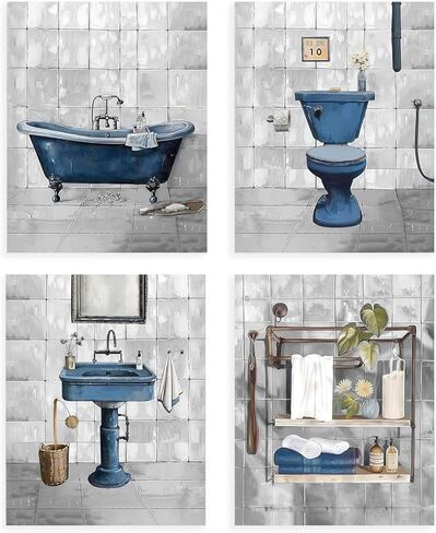 Dazzlewall 4 قطع ديكور جداري للحمام باللون الأزرق الريفي، ديكور فني عتيق للحمام بطباعة فنية عتيقة لحوض استحمام المرحاض، 8 × 10 بوصة غير مؤطرة in Kuwait