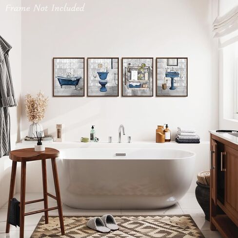 Dazzlewall 4 قطع ديكور جداري للحمام باللون الأزرق الريفي، ديكور فني عتيق للحمام بطباعة فنية عتيقة لحوض استحمام المرحاض، 8 × 10 بوصة غير مؤطرة in Kuwait