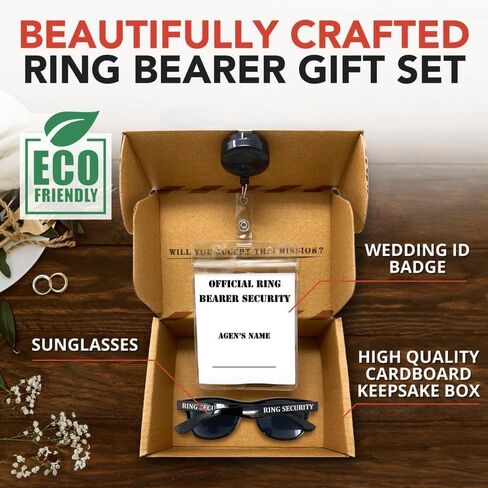 مجموعة هدايا اقتراح حامل خاتم الزواج من Ring Security، تتضمن صندوق حامل خاتم الزفاف مع بطاقة الاسم، ونظارات شمسية وصندوق أمان حلقي وسماعة تجسس in Kuwait