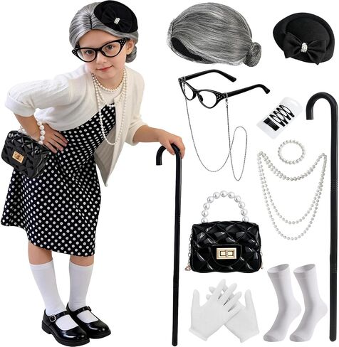 Latocos 16pcs Girls 100 Days of School Costume Kids Old Lady Costume Pillbox Hat Bag Gloves Grandma Cardigan Dress Up Set in Kuwait