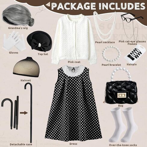 Latocos 16pcs Girls 100 Days of School Costume Kids Old Lady Costume Pillbox Hat Bag Gloves Grandma Cardigan Dress Up Set in Kuwait