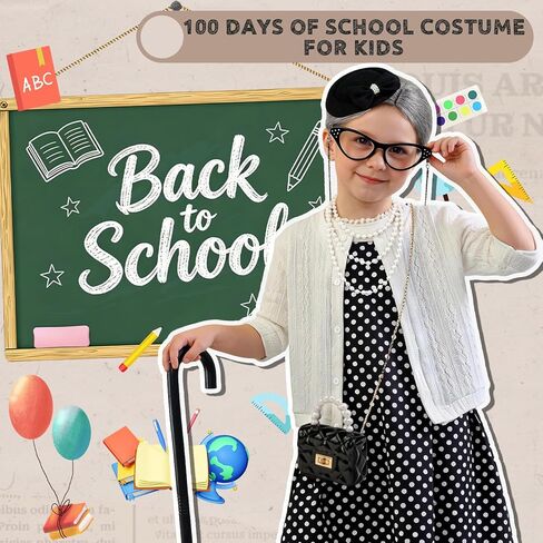 Latocos 16pcs Girls 100 Days of School Costume Kids Old Lady Costume Pillbox Hat Bag Gloves Grandma Cardigan Dress Up Set in Kuwait
