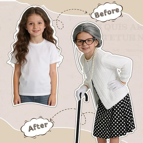 Latocos 16pcs Girls 100 Days of School Costume Kids Old Lady Costume Pillbox Hat Bag Gloves Grandma Cardigan Dress Up Set in Kuwait