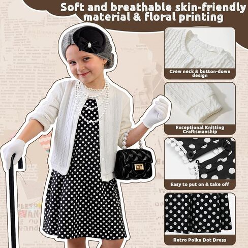 Latocos 16pcs Girls 100 Days of School Costume Kids Old Lady Costume Pillbox Hat Bag Gloves Grandma Cardigan Dress Up Set in Kuwait
