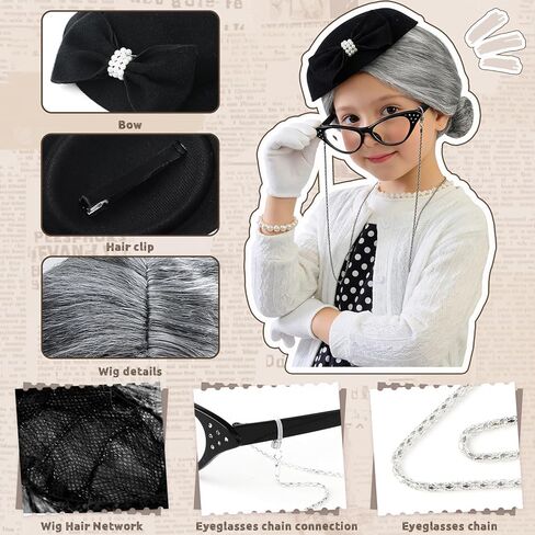 Latocos 16pcs Girls 100 Days of School Costume Kids Old Lady Costume Pillbox Hat Bag Gloves Grandma Cardigan Dress Up Set in Kuwait